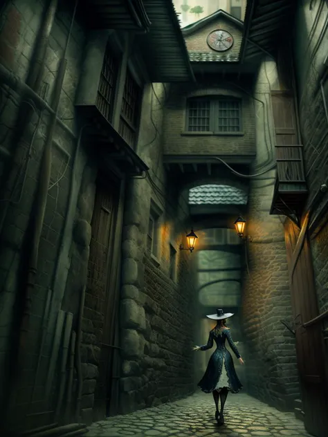 there is a woman walking down a narrow alley with a clock on the wall