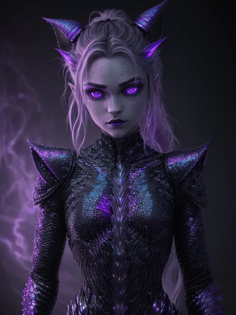 a woman in a black and purple outfit with horns and purple eyes