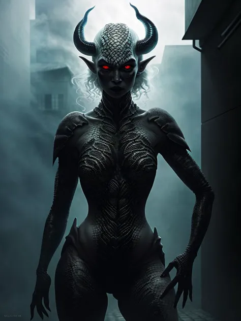 a woman with horns and a demon face standing in a dark alley