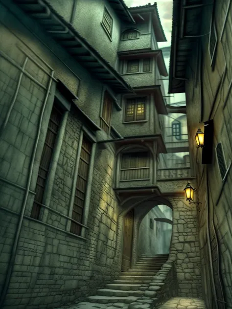 there is a narrow alley with a stone building and a stone staircase