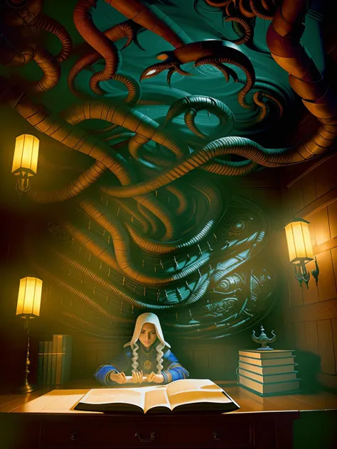 arafed image of a woman reading a book in a room with a giant octopus