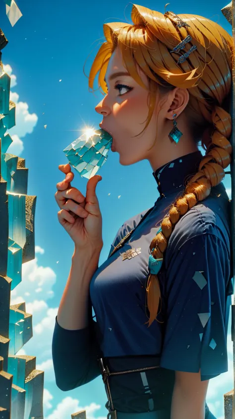 a woman with long hair blowing a cigarette in front of a city