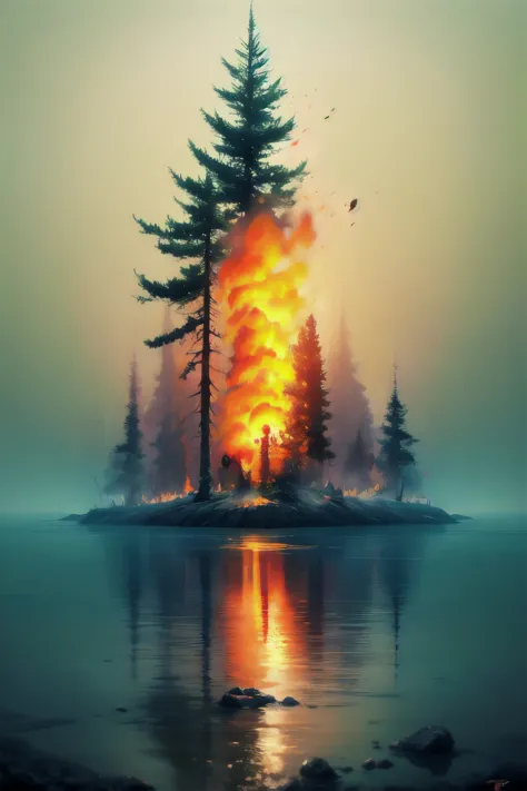 a painting of a fire in the middle of a forest