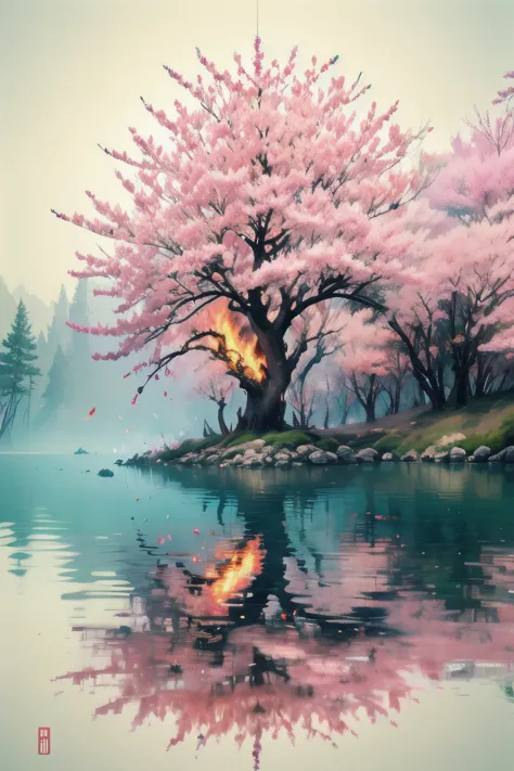 painting of a tree with pink flowers in the water