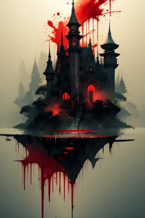 a painting of a castle with blood dripping down the side