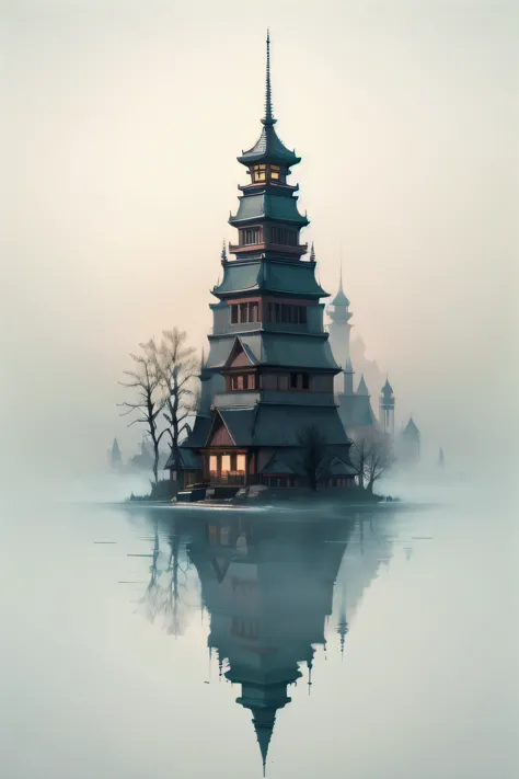 a large pagoda sitting on top of a lake surrounded by trees