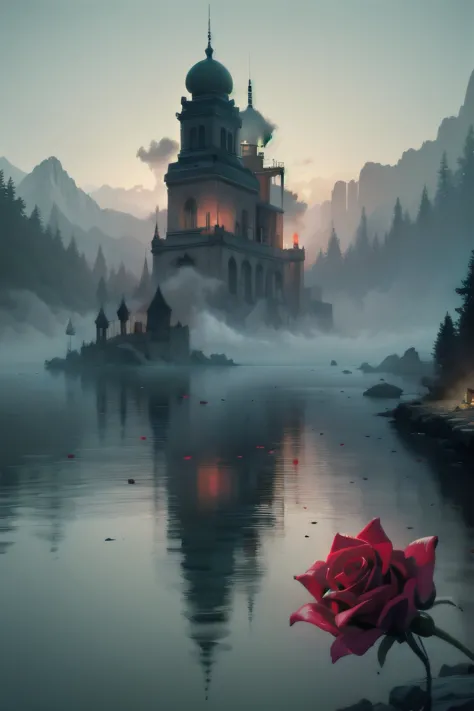 a close up of a rose in front of a castle on a lake