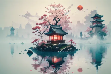 painting of a japanese pagoda in the middle of a lake