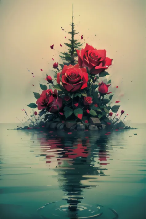 a close up of a bunch of red roses in water