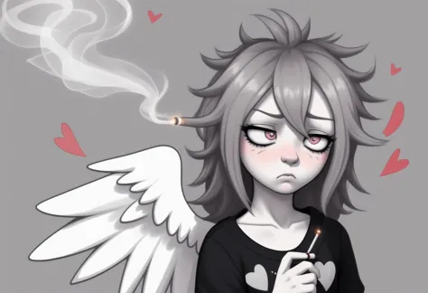 anime girl with angel wings smoking a cigarette with hearts around her