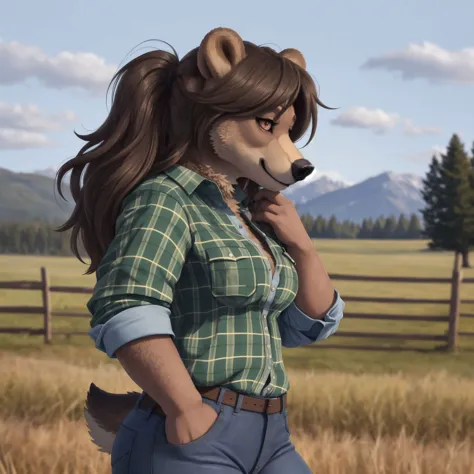 8k, HDR+, cute, adorable, attractive, female grizzly bear, anthro, jeans, flannel, profile pic, recently signed up for "farmerso...