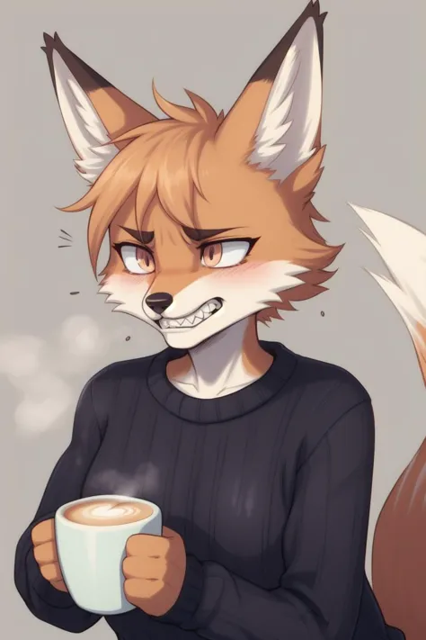1girl, fox_girl, fixed_grin, gritted teeth, eyes_staring_into_the_middle_distance, sweater, latte, twitching, tired_eyes, holdin...