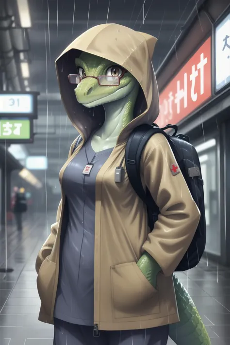 perfect anatomy, bright eyes, (lizard:1.3), [female], solo, baggy yellow jacket, looking at viewer, train station, rain, (waterd...