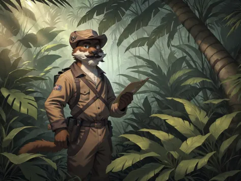 (((seulement))),Brun poilu (chat), (portant le costume d&#39;explorateur britannique:1.4), palmiers de la jungle, Forêt tropicale, éclairage chaleureux, dessin, art à fourrure, HD, chef-d&#39;œuvre, ((épais_moustache)), Meilleure qualité, bonne qualité, 