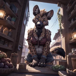 UHD 8k, HDR+, cute female hyena, intricately detailed, 4 fingers, detailed background