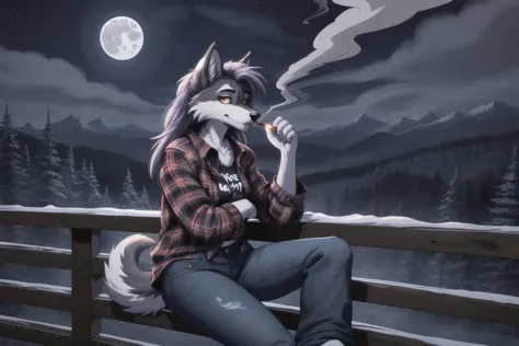 1girl, wolf, 90s grunge fashion, denim, flannel, plaid, chill, hanging out and having a smoke on a moonlight night in the Cascad...