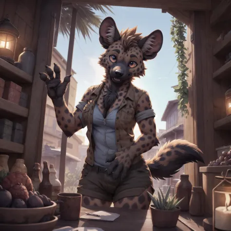 UHD 8k, HDR+, cute female hyena, intricately detailed, 4_fingers, detailed background