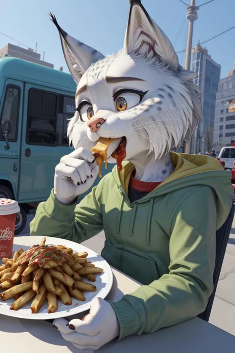 dynamic_pose, line_of_action,
<lora:Nooshy:0.8> lynx, nooshy, furry, eating delicious_fried_Poutine next to a food_truck in Toro...