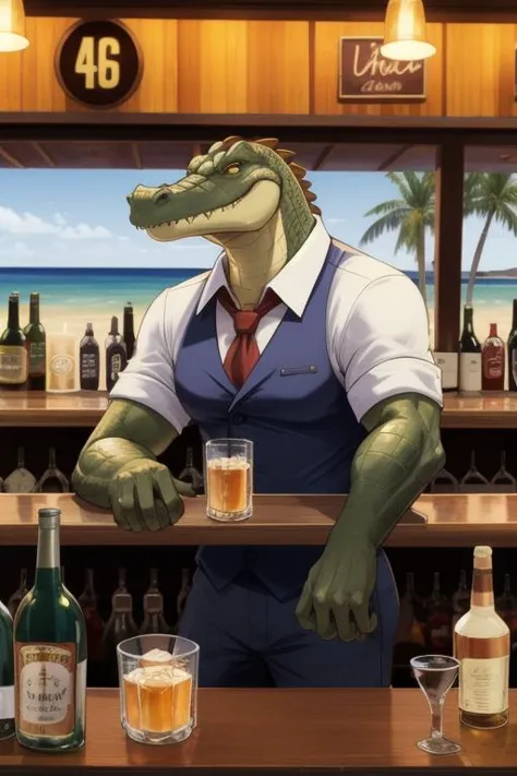 1 crocodile_man, bartender, dive_bar, flies, sunshine, Australia,