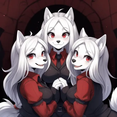 three anime characters with white hair and red eyes