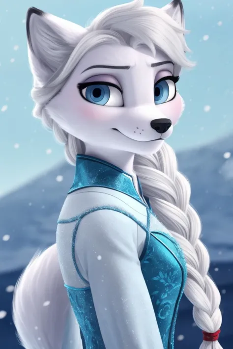 1girl, arctic_fox_girl, solo, <lora:elsaV2:0.7> elsa, blue eyes, white_fur, long hair, single braid