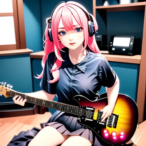 ((masterpiece,best quality))1girl, solo, black skirt, blue eyes, electric guitar, guitar, headphones, holding, holding plectrum,...