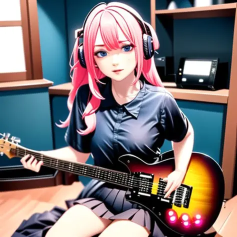 ((masterpiece,best quality))1girl, solo, black skirt, blue eyes, electric guitar, guitar, headphones, holding, holding plectrum,...