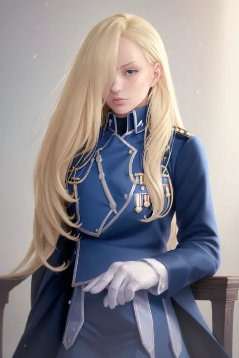 upper body, woman, olivier_mira_armstrong, blue uniform, <lora:Olivier Mira Armstrong:0.8>, (((masterpiece))), (((best quality))), ((ultra-detailed)), ((extremely delicate and beautiful)), ((ultra-detailed)), (best illustration), ((an extremely delicate an...