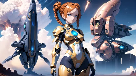 anime style, 1girl, woman, scifi, magitech,nano-eden,retro-futuristic, mecha engineer, full body, wearing  power armor, bombshell hair, glowing copper hair, Goddess Braids, slim figure, narrow waist, tight ass, small breasts, caucasian, (golden hour, blue sky, clouds, scenery, "at the Interstellar Nebula":1)