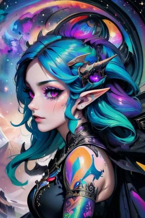ColorART, colorful, (gothic elf girl: 1.3), eyeliner, makeup, tattoos, two colored hair, detailed background, nebula, intricate ...