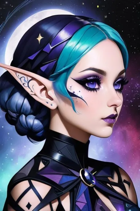 geometric, (gothic elf girl: 1.3), eyeliner, makeup, tattoos, two colored hair, detailed background, nebula, intricate details, masterpiece, realism, photography (perfect face: 1.2) <lora:EnvyGeometricXL01:2>