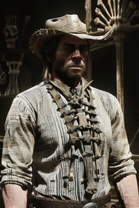 1 adult man, 
RDR2Arthur, 
upper body shot, 
boneyardai,
detailed garments, solo focus, high quality skin texture, aesthetic com...