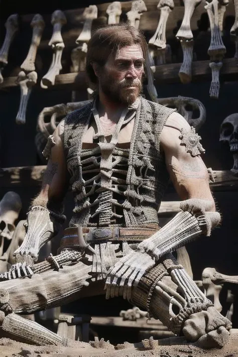 a close up of a man sitting on a pile of skulls