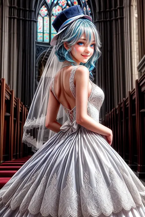 1girl, blue hair, blue eyes, bangs, wedding dress, altar, church, arms behind back, smile, blush, hat
(medium chest:1.2)
 furinadef