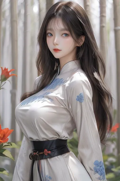 (beauty korean girl:1.4),(very long wavy blonde hair:1.3),(breast implants:1.3),(large breasts:1.3),(white ao_dai:1.3),(white  v...