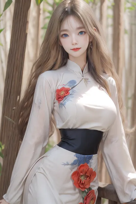 (beauty korean girl:1.4),(very long wavy blonde hair:1.3),(breast implants:1.3),(large breasts:1.3),(white ao_dai:1.3),(white  vietnamese dress:1.3),(red-blue floral print:1.2),(skinny body:1.4),(slender body:1.4),(narrow waist:1.6),(in forest:1.2),<lora:Karen10:0.4>,Karen,(closed mouth:1.3),(big blue eyes:1.3),(huge wide open eyes:1.3),
(realistic photo:1.3),(masterpiece:1.3),(very high quality:1.3),(blurry background:1.2),(amazing intricate detail focus on girl:1.3),(red flowers),<lora:hairdetailer:1>,from front,