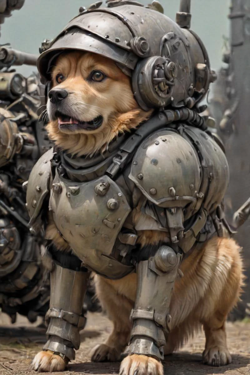 吉卜力工作室风格, 描绘了一只准备好迎接 woofty 的装甲军犬, 头盔,  
