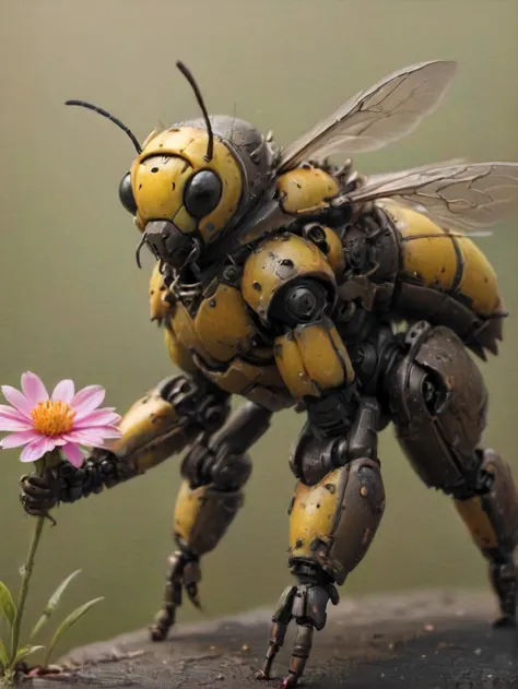wildlife photo, an armored bee-mech that is heavy platted, pollen, resting on a flower,   <lora:- SDXL - heavy_armored_V2.1:1>