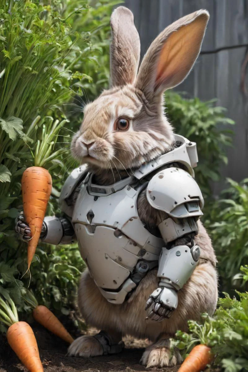 side view of a rabbit-robot wearing fluffy heavy (armored:1.2) (carrots:1.2), garden backdrop,,  