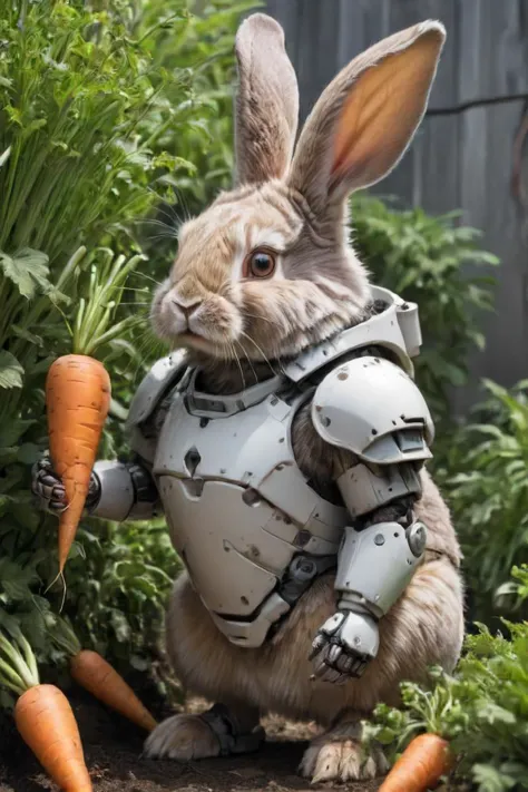 side view of a rabbit-robot wearing fluffy heavy (armored:1.2) (carrots:1.2), garden backdrop,,  <lora:- SDXL - heavy_armored_V2.1:.8>