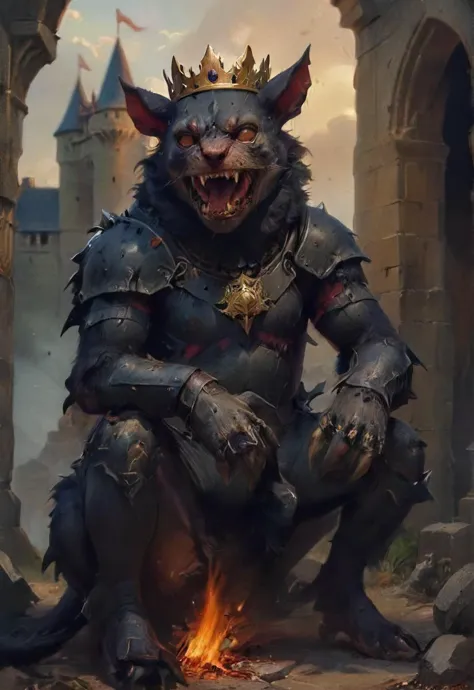 unbelievable maniacal evil heavily armored oof tasmanian-devil demon lizard goat-king wearing the crown of the death at a castle...