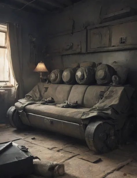 amredpll, concept art, depiction of an armored couch made out of tank armor, cozy living room, deep shadow, cinematic, contrast ...