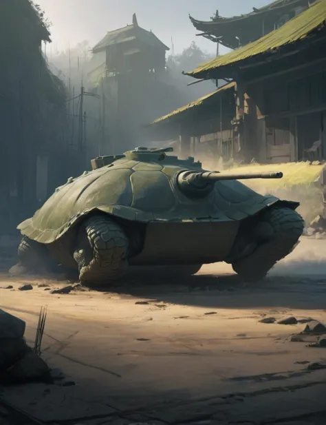 concept art, brush strokes,  an armored Galapagos turtle main battle tank, deep shadows, contrast ,  <lora:- SDXL - amredpll_arm...