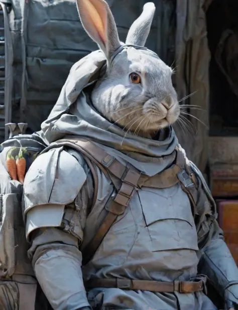 concept art, amredpll rabbit (mercenary:0.5) wearing fluffy (soft:1.1) white heavy armored cotton armor fighting for carrots, de...