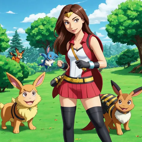 a woman in a red dress and black boots standing in a field with pokemon