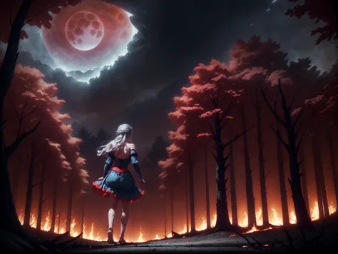 a woman standing in the middle of a forest with a full moon in the background