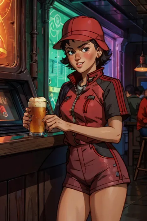 kei, woman, black eyes, short black hair,red hat, red jacket, short sleeves, shorts, looking at viewer, smiling, serious, blush, leaning inside bar, counter, holding a pint of beer, dark, neon lighting, high quality, masterpiece,  <lora:kei:.7>