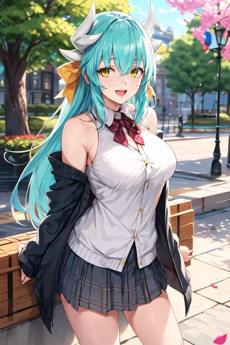 masterpiece, best quality, highres, aakiyo, long hair, aqua hair, white horns, hair bow, yellow bow, yellow eyes, <lora:kiyohime_(lancer)_v1:0.7>, cardigan, plaid skirt, arms behind back, smile, open mouth, petals, outdoors, big breasts  <lora:Ohland -Styl...