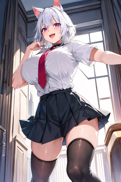 1girl,(solo),(gigantic breasts), wide hips, thick thigs,dynamic pose, school uniform, black skirt, white shirt, red necktie, thighhighs, black choker, smile, :d, white hair, purple eyes, cat ears, short hair, extremely detailed eyes,   <lora:Ohland -Style_...