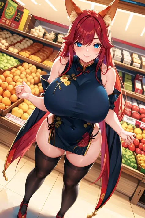 masterpiece, best quality, 1girl, standing, full body, red hair, blue eyes, (qipao:1.2), (black chinese dress:1.2), (gigantic breasts:1.2),(wide hips:1.2),(thick thighs:1.2),  black panties, black underwear ,smile,thighhighs,(blush:1.2),indoors, supermarke...